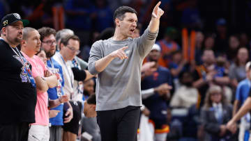 Apr 14, 2024; Oklahoma City, Oklahoma, USA; Oklahoma City Thunder head coach Mark Daigneault gestures to his team during a play against the Dallas Mavericks in the second half at Paycom Center. Mandatory Credit: Alonzo Adams-USA TODAY Sports