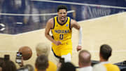 Jun 11, 2025; Indianapolis, Indiana, USA; Indiana Pacers guard Tyrese Haliburton (0) reacts after a play against the Oklahoma City Thunder during the second half during game three of the 2025 NBA Finals at Gainbridge Fieldhouse. Mandatory Credit: Kyle Terada-Imagn Images