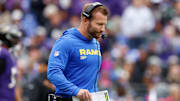 Oct 12, 2025; Baltimore, Maryland, USA; Los Angeles Rams head coach Sean McVay looks on during the second quarter of the game against the Baltimore Ravens at M&T Bank Stadium. Mandatory Credit: Peter Casey-Imagn Images