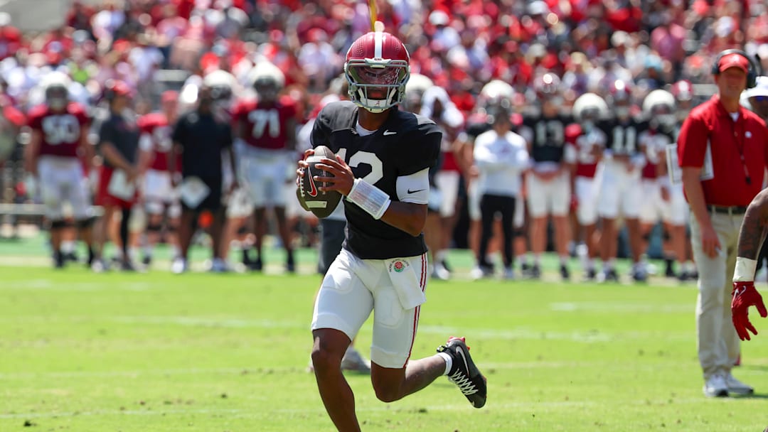 Apr 11, 2026; Tuscaloosa, AL, USA; Alabama Crimson Tide quarterback Keelon Russell (12) looks for a receiver during the Alabama A-Day spring football scrimmage game at Saban Field at Bryant-Denny Stadium. Mandatory Credit: David Leong-Imagn Images