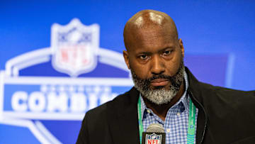 Feb 27, 2024; Indianapolis, IN, USA; Detroit Lions Executive Vice President and General Manager  Brad Holmes talks to the media at the 2024 NFL Combine at Indiana Convention Center. Mandatory Credit: Trevor Ruszkowski-Imagn Images