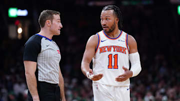Oct 22, 2024; Boston, Massachusetts, USA; New York Knicks guard Jalen Brunson (11) react with and official against the Boston Celtics in the second half at TD Garden. Mandatory Credit: David Butler II-Imagn Images
