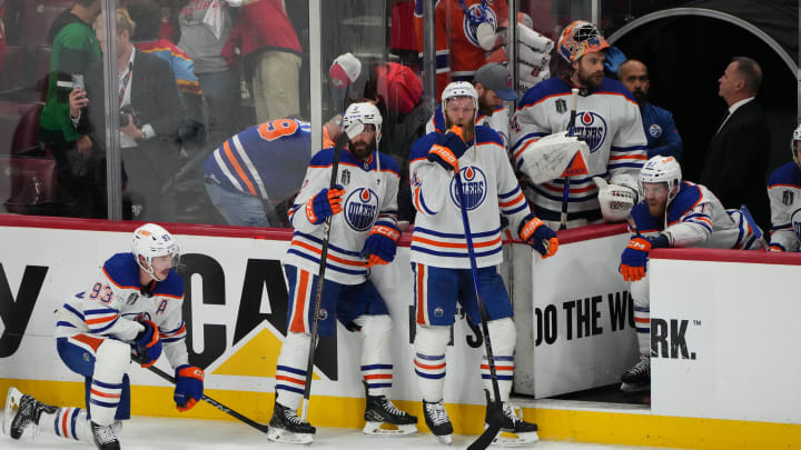 Edmonton Oilers look on after the defeat against Florida Panthers in game seven of the 2024 Stanley Cup Final
