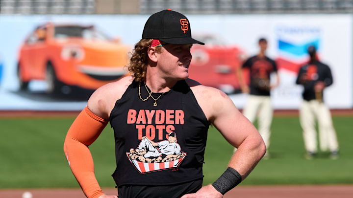 Apr 2, 2026; San Francisco, California, USA; San Francisco Giants outfielder Harrison Bader (9) wears a Bayder Tots shirt during warmups before the game against the New York Mets at Oracle Park. Mandatory Credit: Robert Edwards-Imagn Images