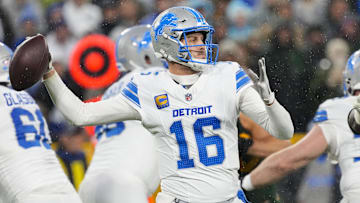 Nov 3, 2024; Green Bay, Wisconsin, USA;  Detroit Lions' Jared Goff (16) throws a pass during the second quarter against the Green Bay Packers at Lambeau Field. Mandatory Credit: Jeff Hanisch-Imagn Images