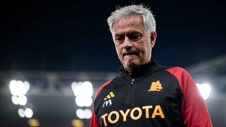 Jose Mourinho, head coach of AS Roma, looks dejected prior...