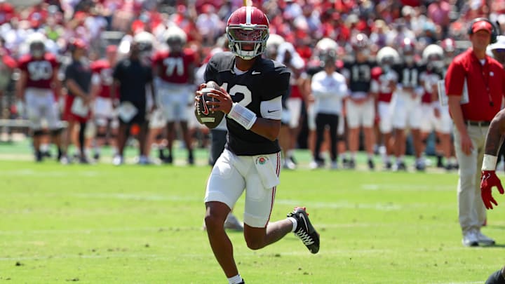 Apr 11, 2026; Tuscaloosa, AL, USA; Alabama Crimson Tide quarterback Keelon Russell (12) looks for a receiver during the Alabama A-Day spring football scrimmage game at Saban Field at Bryant-Denny Stadium. Mandatory Credit: David Leong-Imagn Images