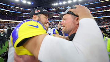 Los Angeles Rams quarterback Matthew Stafford (L) and general manager Les Snead (R)