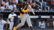 Pittsburgh Pirates second baseman Nick Gonzales hits a two-run home run against the Miami Marlins.