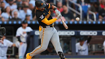 Pittsburgh Pirates second baseman Nick Gonzales hits a two-run home run against the Miami Marlins.
