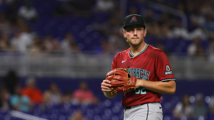 Aug 19, 2024; Miami, Florida, USA; Arizona Diamondbacks starting pitcher Brandon Pfaadt (32) looks on during the fifth inning against the Miami Marlins at loanDepot Park. Mandatory Credit: Sam Navarro-USA TODAY Sports