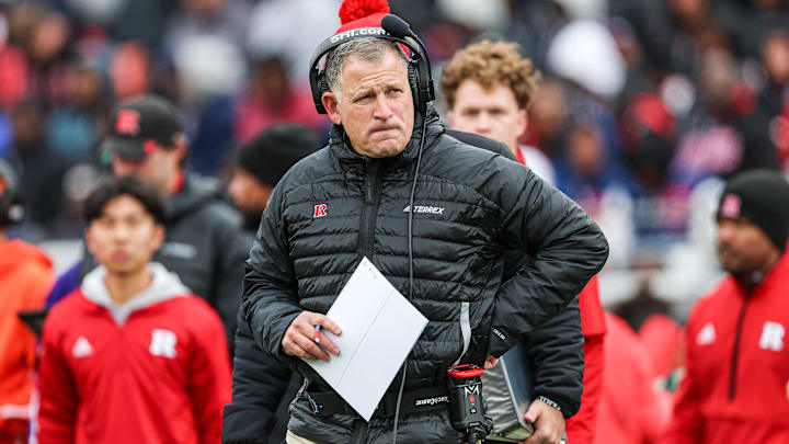 Nov 23, 2024; Piscataway, New Jersey, USA; Rutgers Scarlet Knights head coach Greg Schiano looks on during the first half against the Illinois Fighting Illini at SHI Stadium. Mandatory Credit: Vincent Carchietta-Imagn Images Nov 23, 2024; Piscataway, New Jersey, USA; Rutgers Scarlet Knights head coach Greg Schiano looks on during the first half against the Illinois Fighting Illini at SHI Stadium. Mandatory Credit: Vincent Carchietta-Imagn Images