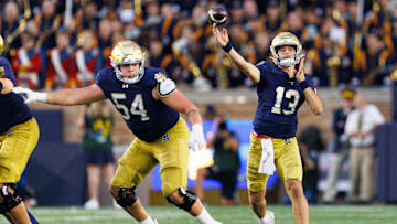 Notre Dame quarterback CJ Carr (13) throws the ball during the second half of a NCAA football game against Purdue at Notre Dame Stadium on Saturday, Sept. 20, 2025, in South Bend.