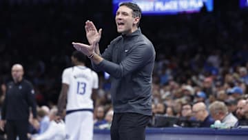 Dec 10, 2024; Oklahoma City, Oklahoma, USA; Oklahoma City Thunder head coach Mark Daigneault gestures to his team during the second half against the Dallas Mavericks at Paycom Center. Mandatory Credit: Alonzo Adams-Imagn Images