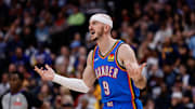 Oklahoma City Thunder guard Alex Caruso reacts after a call against the Denver Nuggets during the 2025 NBA Playoffs.