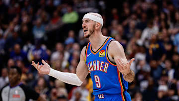 Oklahoma City Thunder guard Alex Caruso reacts after a call against the Denver Nuggets during the 2025 NBA Playoffs.