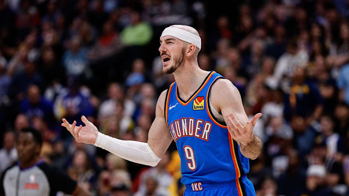 Oklahoma City Thunder guard Alex Caruso reacts after a call against the Denver Nuggets during the 2025 NBA Playoffs. Oklahoma City Thunder guard Alex Caruso reacts after a call against the Denver Nuggets during the 2025 NBA Playoffs.