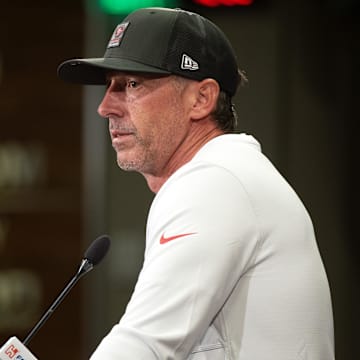Jul 23, 2025; Santa Clara, CA, USA; San Francisco 49ers head coach Kyle Shanahan answers questions from reporters following the first day of training camp at SAP Performance Facility. Mandatory Credit: D. Ross Cameron-Imagn Images