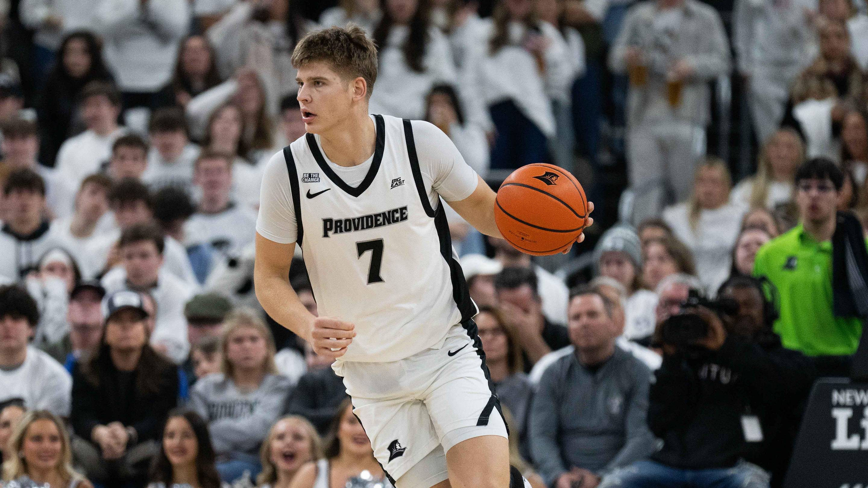 Feb 14, 2026; Providence, Rhode Island, USA; Providence College Friars guard Stefan Vaaks (7) dribbles during the first half of the game against the St. John’s University Red Storm at Amica Mutual Pavilion. Mandatory Credit: Natalie Reid-Imagn Images