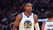 Oct 5, 2025; San Francisco, California, USA; Golden State Warriors center-forward Al Horford (20) waits for action to resume in the first quarter against the Los Angeles Lakers at Chase Center. Mandatory Credit: David Gonzales-Imagn Images