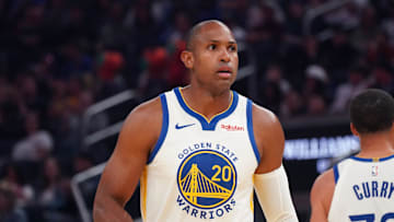 Oct 5, 2025; San Francisco, California, USA; Golden State Warriors center-forward Al Horford (20) waits for action to resume in the first quarter against the Los Angeles Lakers at Chase Center. Mandatory Credit: David Gonzales-Imagn Images