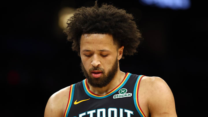 Jan 29, 2026; Phoenix, Arizona, USA; Detroit Pistons guard Cade Cunningham (2) reacts against the Phoenix Suns in the first half at Mortgage Matchup Center. Mandatory Credit: Mark J. Rebilas-Imagn Images