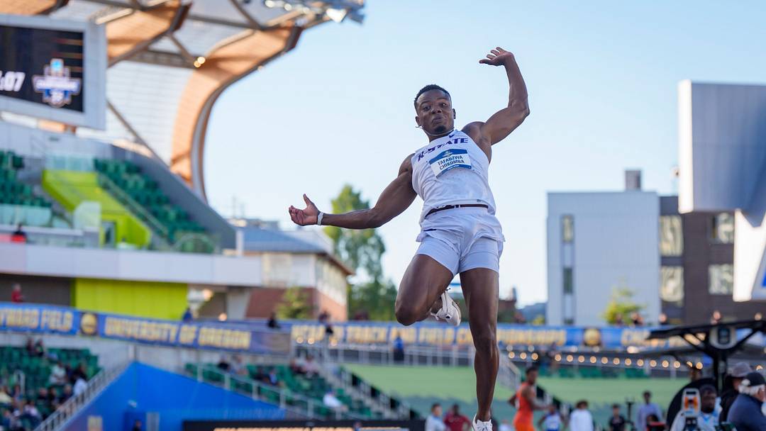 Kansas State’s Tafadzwa Chikomba wins the men’s long jump during the NCAA Outdoor Track & Field Championships on June 10, 2026, at Hayward Field in Eugene, Oregon. Kansas State’s Tafadzwa Chikomba wins the men’s long jump during the NCAA Outdoor Track & Field Championships on June 10, 2026, at Hayward Field in Eugene, Oregon.