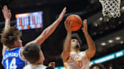 Tennessee guard Ja’Kobi Gillespie (0) gets to the basket during a college basketball exhibition game against Duke on October 26, 2025, in Knoxville, Tenn.