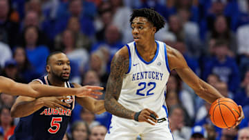 Mar 1, 2025; Lexington, Kentucky, USA; Kentucky Wildcats center Amari Williams (22) handles the ball during the first half against the Auburn Tigers at Rupp Arena at Central Bank Center. Mandatory Credit: Jordan Prather-Imagn Images