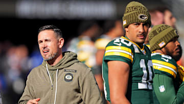 Nov 16, 2025; East Rutherford, New Jersey, USA; Green Bay Packers head coach Matt LaFleur and quarterback Jordan Love (10) before the game against the New York Giants at MetLife Stadium. Mandatory Credit: Robert Deutsch-Imagn Images