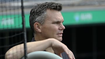 Aug 25, 2021; Pittsburgh, Pennsylvania, USA;  Pittsburgh Pirates general manager Ben Cherington looks on during batting practice before the game against the Arizona Diamondbacks at PNC Park. Mandatory Credit: Charles LeClaire-Imagn Images