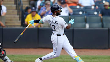 Tampa Bay Rays third baseman Junior Caminero (13) singles against the Detroit Tigers in the sixth inning at George M. Steinbrenner Field. Mandatory Credit: 