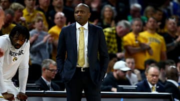 Mar 20, 2025; Wichita, KS, USA; Missouri Tigers head coach Dennis Gates in the first half of a first round men’s NCAA Tournament game against the Drake Bulldogs at Intrust Bank Arena. Mandatory Credit: Nick Tre. Smith-Imagn Images