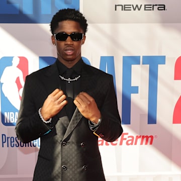 Jun 25, 2025; Brooklyn, NY, USA; VJ Edgecombe arrives before the first round of the 2025 NBA Draft at Barclays Center. Mandatory Credit: Brad Penner-Imagn Images