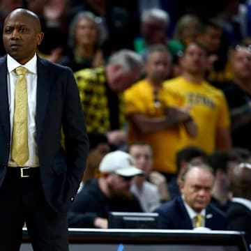 Mar 20, 2025; Wichita, KS, USA; Missouri Tigers head coach Dennis Gates in the first half of a first round men’s NCAA Tournament game against the Drake Bulldogs at Intrust Bank Arena. Mandatory Credit: Nick Tre. Smith-Imagn Images