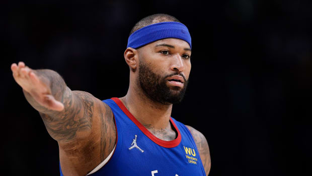 Apr 21, 2022; Denver, Colorado, USA; Denver Nuggets center DeMarcus Cousins (4) in the third quarter against the Golden State Warriors during game three of the first round of the 2022 NBA playoffs at Ball Arena. Mandatory Credit: Isaiah J. Downing-USA TODAY Sports
