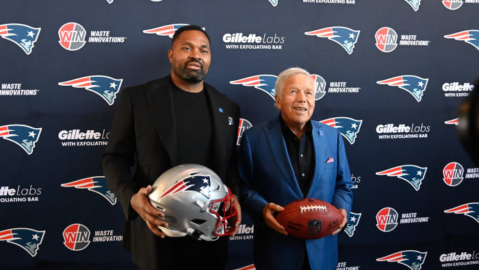 Jan 17, 2024; Foxborough, MA, USA; New England Patriots head coach Jerod Mayo (L) and owner Robert