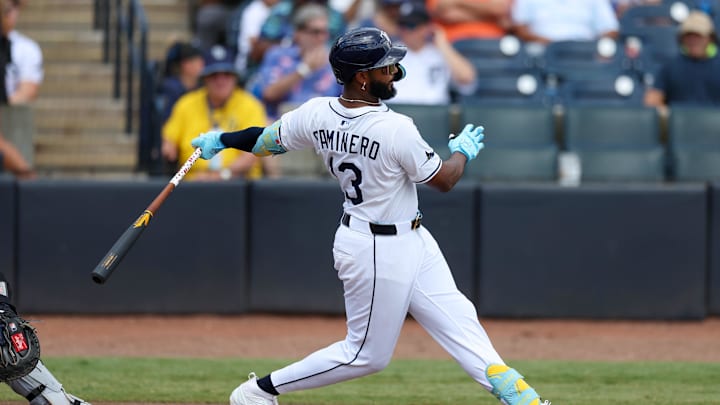 Tampa Bay Rays third baseman Junior Caminero (13) singles against the Detroit Tigers in the sixth inning at George M. Steinbrenner Field. Mandatory Credit: Tampa Bay Rays third baseman Junior Caminero (13) singles against the Detroit Tigers in the sixth inning at George M. Steinbrenner Field. Mandatory Credit: