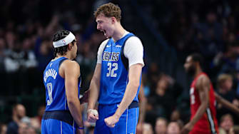 Dec 3, 2025; Dallas, Texas, USA;  Dallas Mavericks forward Cooper Flagg (32) celebrates with Dallas Mavericks guard Ryan Nembhard (9) 