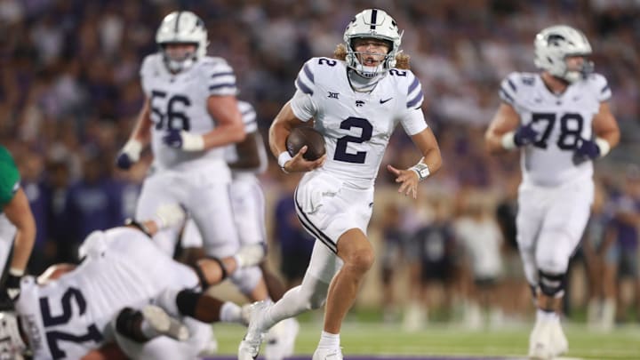 Kansas State Wildcats quarterback Avery Johnson (2) runs for yards during the second half against the North Dakota Fighting Hawks at Bill Snyder Family Stadium on Aug. 30, 2025.