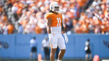 Tennessee linebacker Keenan Pili (11) is seen on the field during a game between Tennessee and Virginia in Nissan Stadium in Nashville, Tenn., Saturday, Sept. 2, 2023.