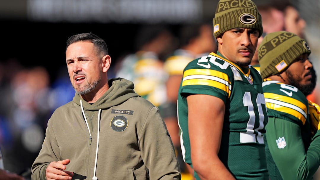 Nov 16, 2025; East Rutherford, New Jersey, USA; Green Bay Packers head coach Matt LaFleur and quarterback Jordan Love (10) before the game against the New York Giants at MetLife Stadium. Ma