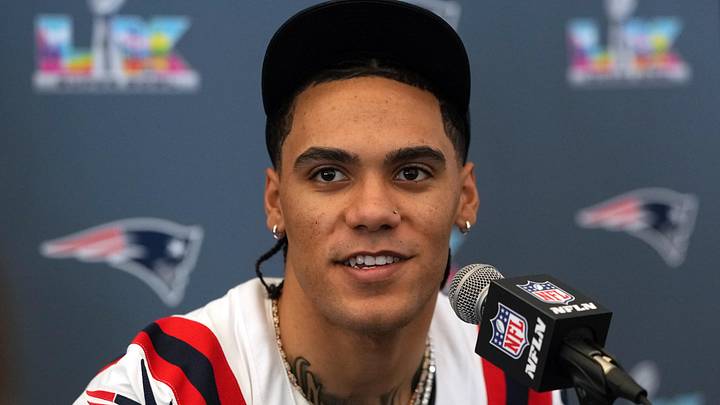 Feb 5, 2026; Santa Clara, CA, USA; New England Patriots cornerback Christian Gonzalez (0) talks to media members at the Santa Clara Marriott. Mandatory Credit: Darren Yamashita-Imagn Images