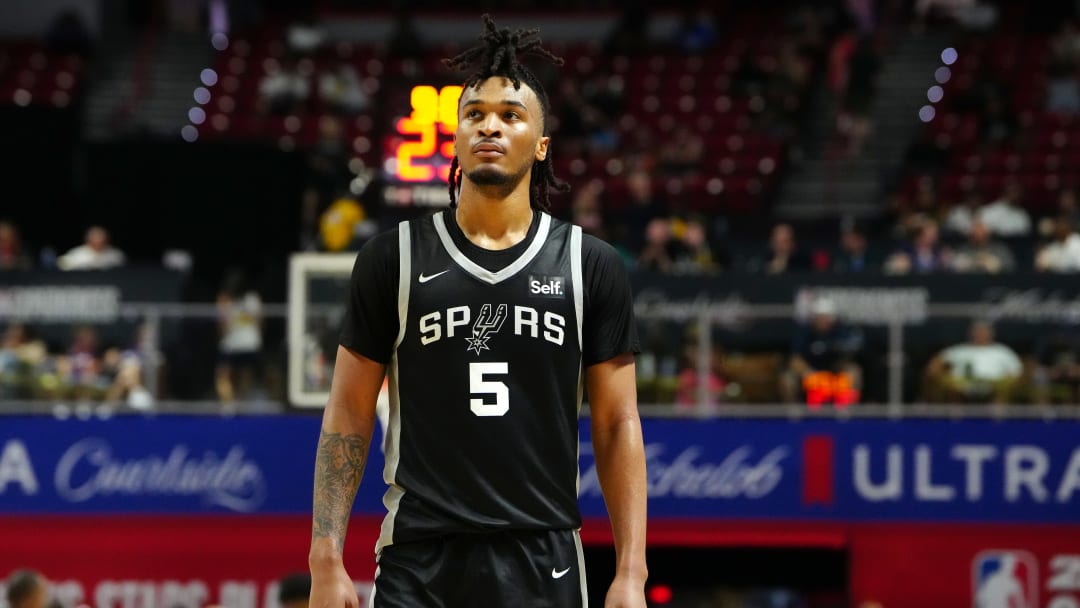 Jul 13, 2024; Las Vegas, NV, USA; San Antonio Spurs guard Stephon Castle (5) walks up court during the third quarter against the Portland Trail Blazers at Thomas & Mack Center. 