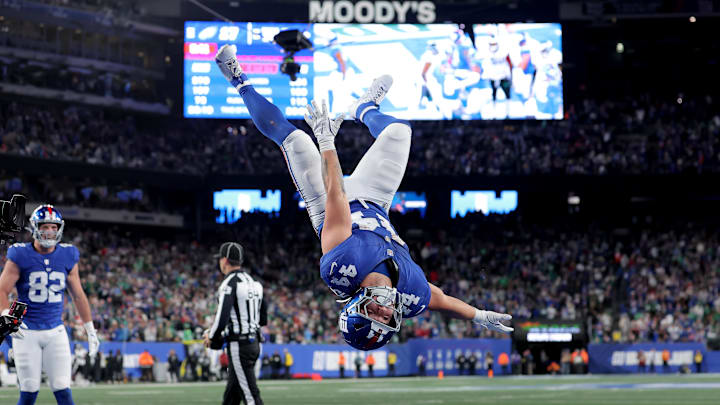 Cam Skattebo was not flagged for doing flips after scoring touchdowns, but he was penalized for taunting. Cam Skattebo was not flagged for doing flips after scoring touchdowns, but he was penalized for taunting.