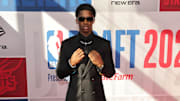 VJ Edgecombe arrives before the first round of the 2025 NBA Draft at Barclays Center. 