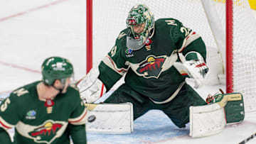 Apr 18, 2024; Saint Paul, Minnesota, USA; Minnesota Wild goaltender Marc-Andre Fleury (29) makes a save against the Seattle Kraken in the second period at Xcel Energy Center. Mandatory Credit: Matt Blewett-Imagn Images