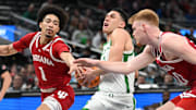 Mar 13, 2025; Indianapolis, IN, USA; Indiana Hoosiers guard Myles Rice (1) knocks the ball away from Oregon Ducks guard Jackson Shelstad (3) during the first half at Gainbridge Fieldhouse. Mandatory Credit: Robert Goddin-Imagn Images