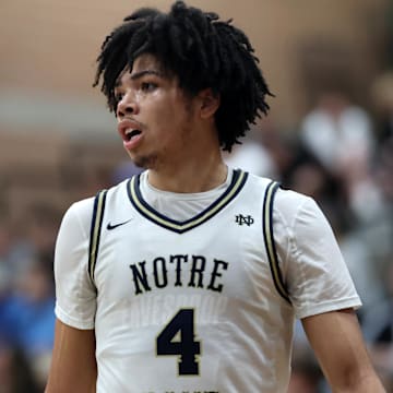 Jan 4, 2025; Gilbert, AZ, USA; Notre Dame High School (CA) forward Tyran Stokes (4) against Sandra Day O'Connor (AZ) during the Hoophall West High School Invitational at Highland High School. Mandatory Credit: Mark J. Rebilas-Imagn Images