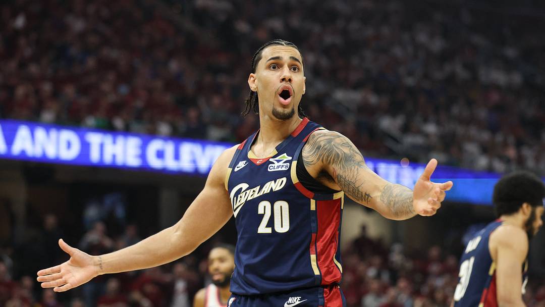 May 23, 2026; Cleveland, Ohio, USA; Cleveland Cavaliers forward Jaylon Tyson (20) reacts in the second quarter against the New York Knicks during game three of the eastern conference finals for the 2026 NBA playoffs at Rocket Arena. Mandatory Credit: Scott Galvin-Imagn Images May 23, 2026; Cleveland, Ohio, USA; Cleveland Cavaliers forward Jaylon Tyson (20) reacts in the second quarter against the New York Knicks during game three of the eastern conference finals for the 2026 NBA playoffs at Rocket Arena. Mandatory Credit: Scott Galvin-Imagn Images